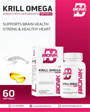 Bionik Nutrition Krill Omega | Antarctic Krill Oil with Astaxanthin | EPA & DHA for Heart, Brain & Joint Support | 60 Softgels - BIONIK NUTRITION