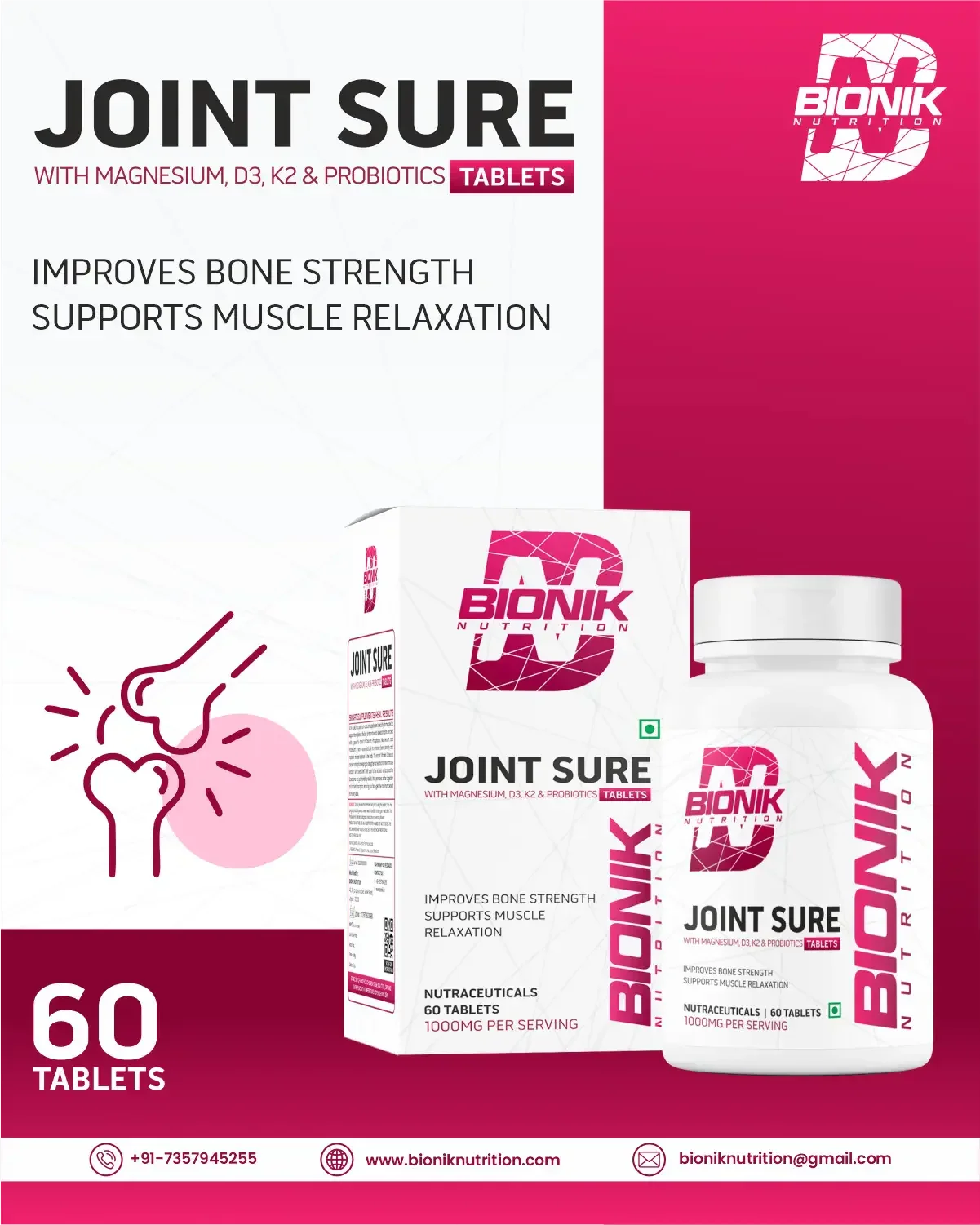Bionik Nutrition Joint Sure | Bone & Joint Support Supplement with Calcium, D3, K2 & Probiotics | 60 Tablets - BIONIK NUTRITION