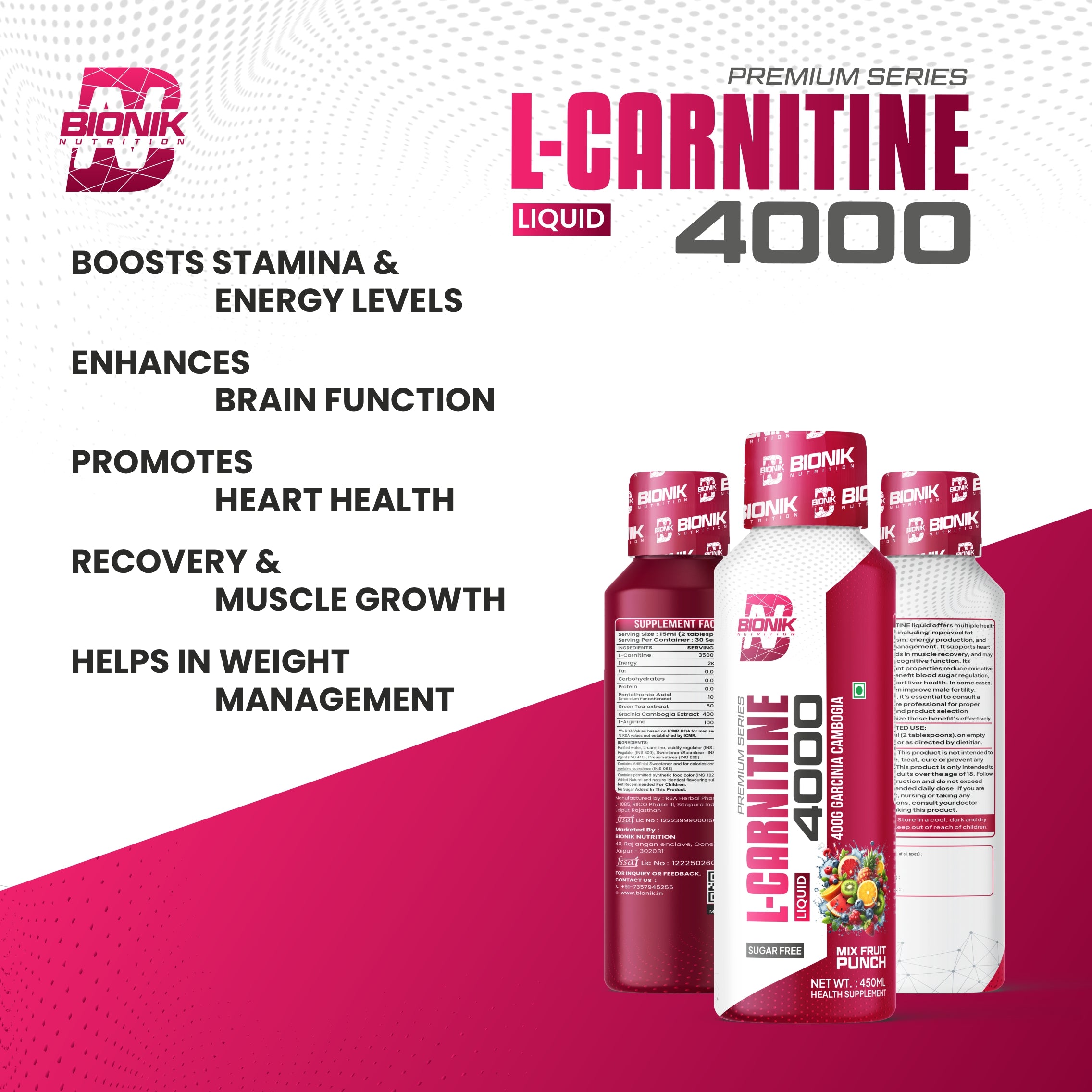 BIONIK NUTRITION L-Carnitine Liquid 4000 mg with Garcinia Cambogia & Green Tea Extract | Sugar Free Fat Metabolism Support | Energy, Stamina & Weight Management Supplement | Mix Fruit Punch Flavor | 450 ml