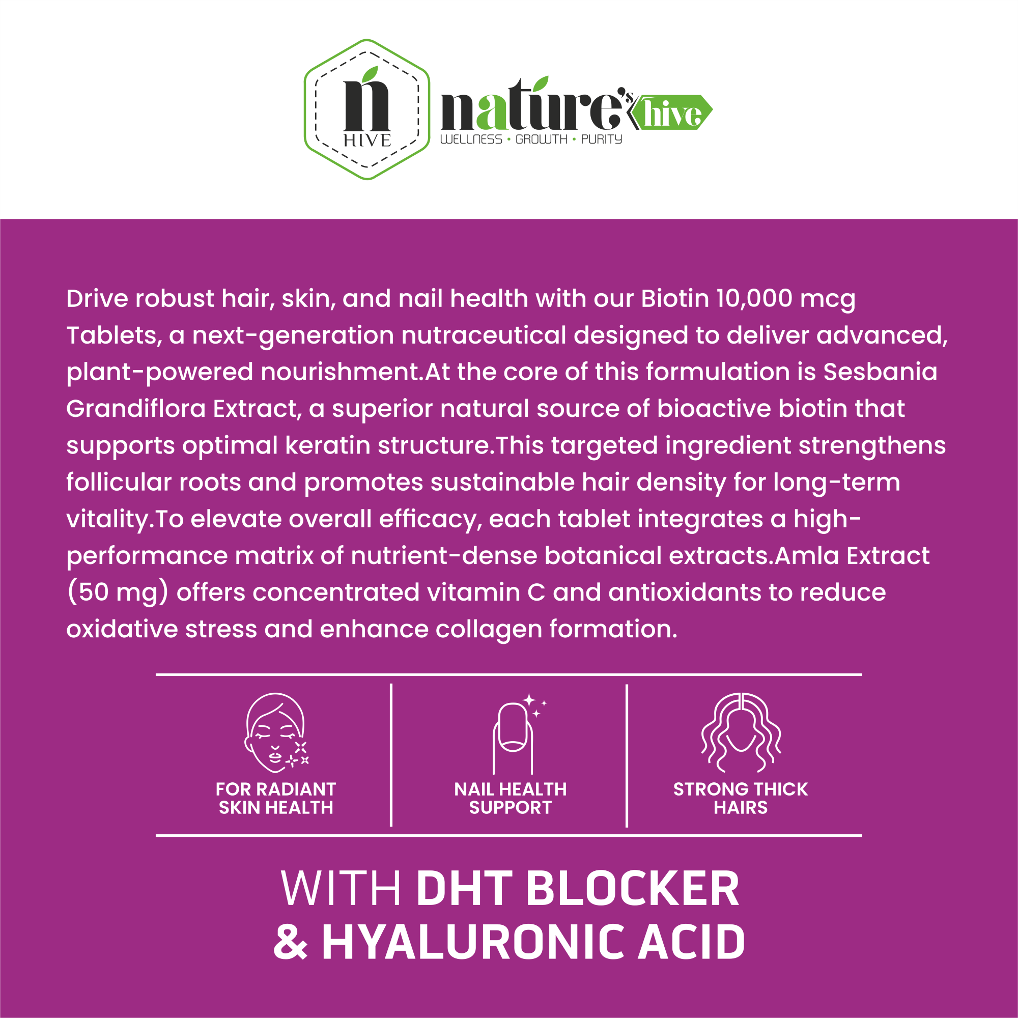 Nature's Hive Biotin 10000 mcg Tablets | Hair Growth, Skin & Nail Health Support | High Strength Biotin Supplement | 60 Tablets