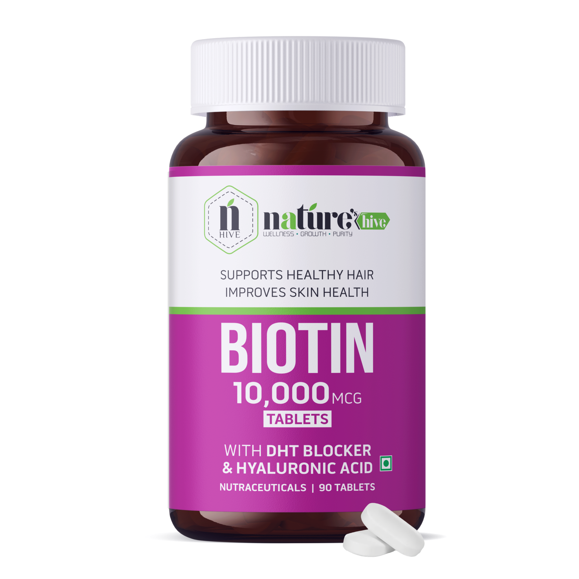 Nature's Hive Biotin 10000 mcg Tablets | Hair Growth, Skin & Nail Health Support | High Strength Biotin Supplement | 60 Tablets