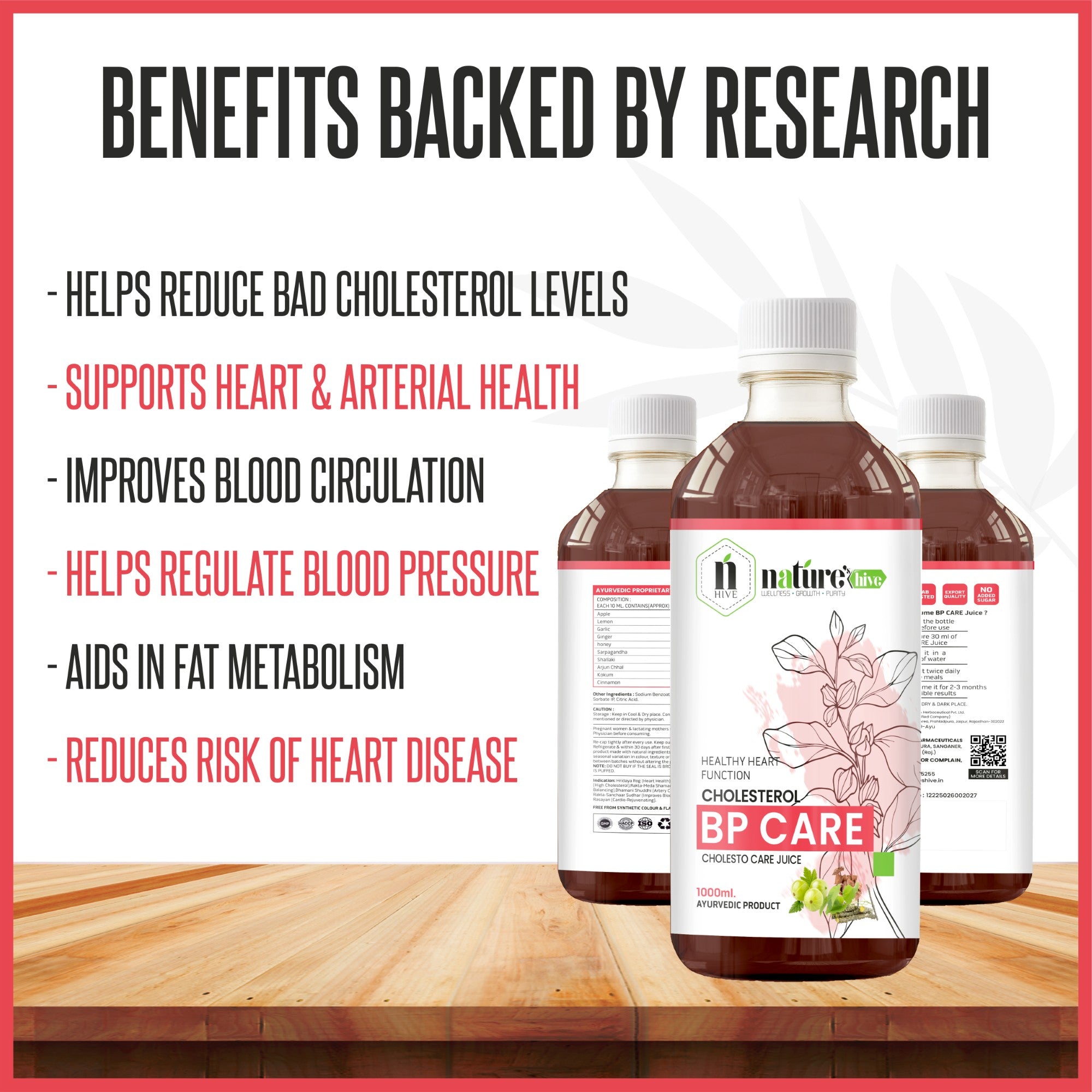 Nature's Hive BP Care Juice | Herbal Heart Health & Blood Pressure Support | Ayurvedic Cardiovascular Wellness Juice | 1 L