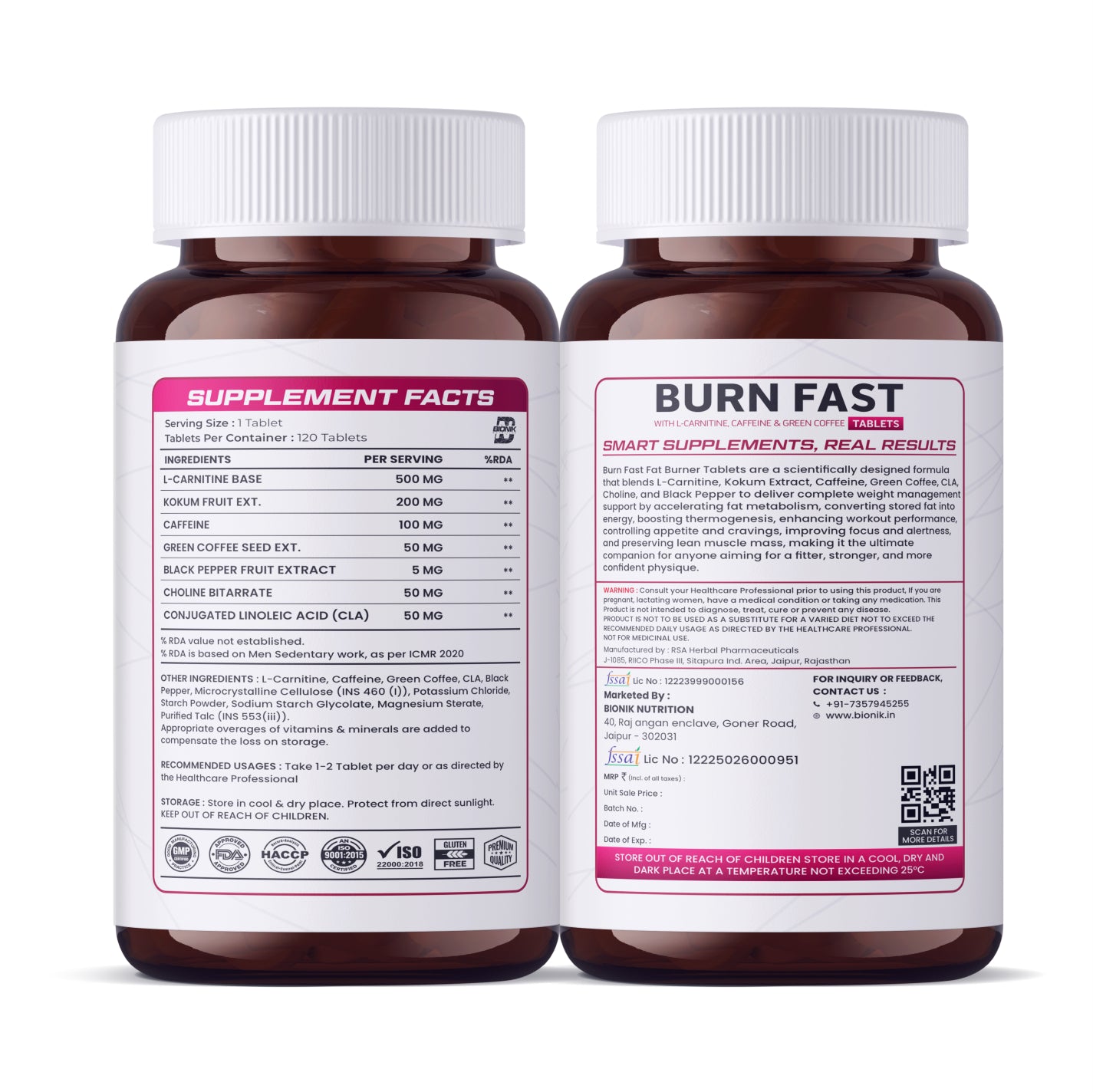 BIONIK NUTRITION Burn Fast Fat Burner Tablets with L-Carnitine, Green Coffee, Caffeine & CLA | Metabolism & Energy Support Supplement | Weight Management Formula | 1000 mg per Serving | 120 Tablets