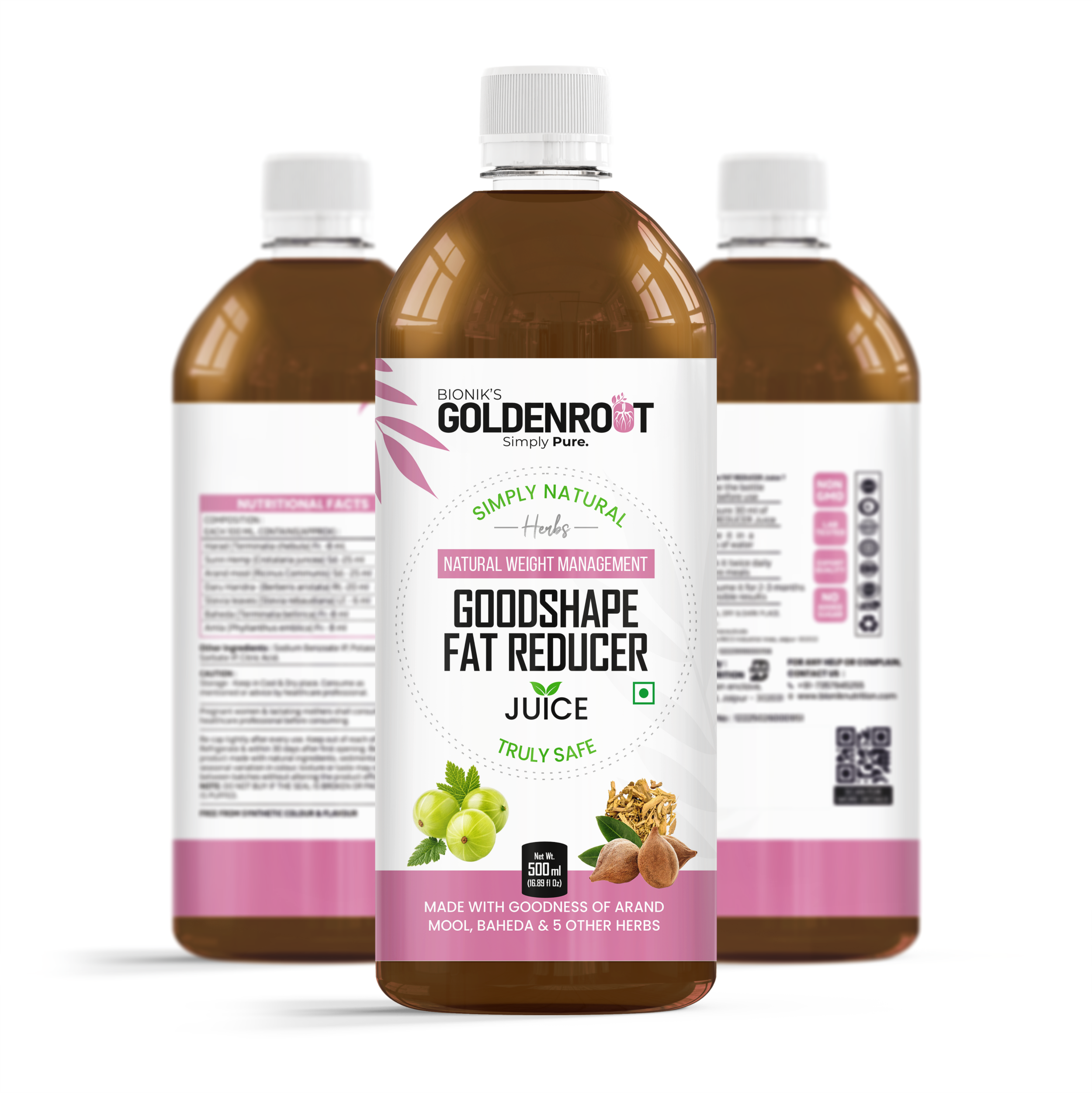 Bionik GoldenRoot GoodShape Fat Reducer Juice | Ayurvedic Weight Loss & Fat Burn Support | With Arand Mool, Baheda, Harad, Amla & 5 Herbs | Boosts Metabolism, Digestion & Natural Fat Reduction