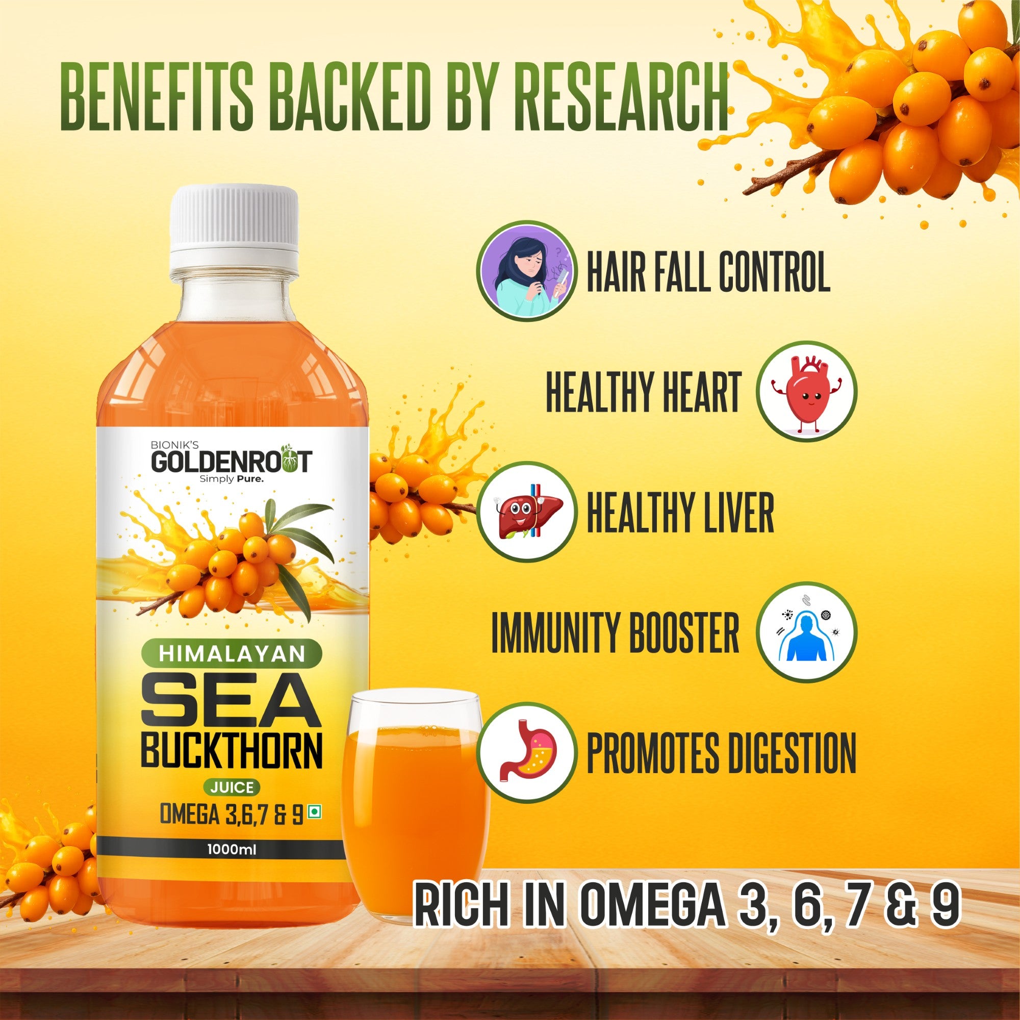 Goldenroot Himalayan Sea Buckthorn Juice | Rich in Omega 3, 6, 7 & 9 | 500ml | Immunity, Skin, Heart & Gut Health Support