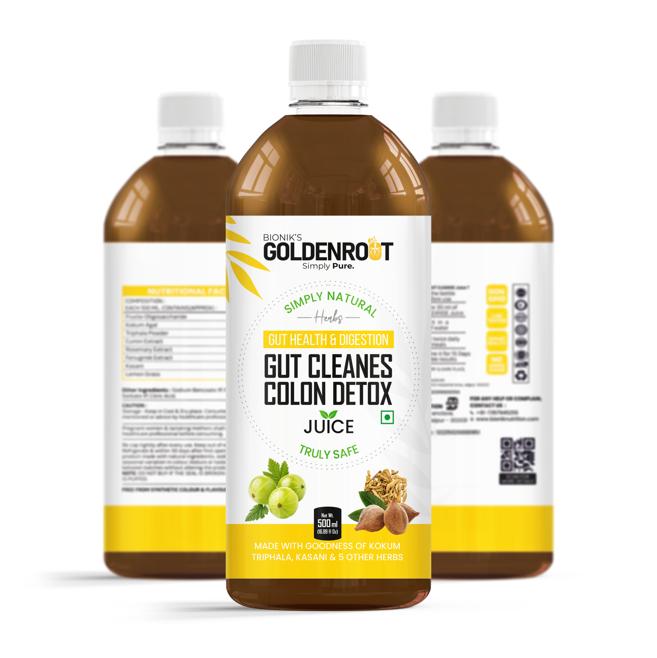 Bionik GoldenRoot Gut Cleanse & Colon Detox Juice | Ayurvedic Digestive Cleanser with Triphala, Kokum, Lemongrass, Kasani & 5 Herbal Extracts | Supports Digestion, Bloating Relief & Gut Health