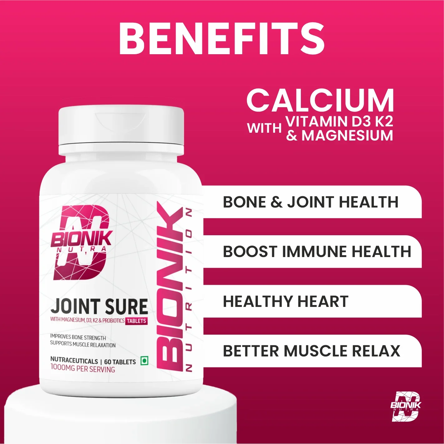 Bionik Nutrition Joint Sure | Bone & Joint Support Supplement with Calcium, D3, K2 & Probiotics | 60 Tablets - BIONIK NUTRITION