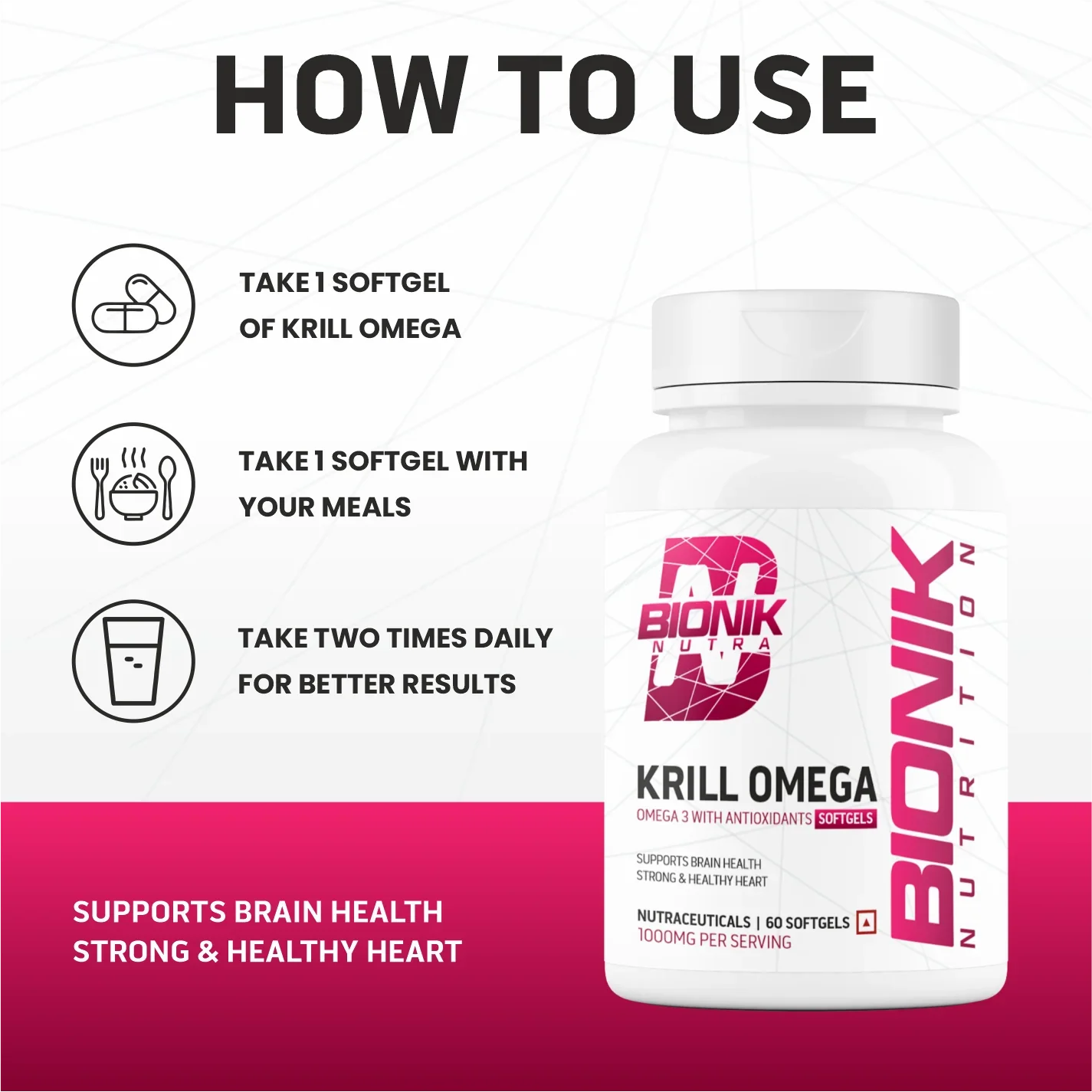Bionik Nutrition Krill Omega | Antarctic Krill Oil with Astaxanthin | EPA & DHA for Heart, Brain & Joint Support | 60 Softgels - BIONIK NUTRITION