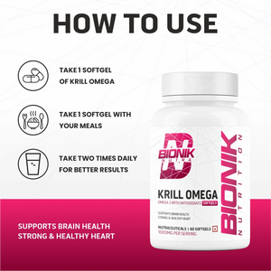 Bionik Nutrition Krill Omega | Antarctic Krill Oil with Astaxanthin | EPA & DHA for Heart, Brain & Joint Support | 60 Softgels - BIONIK NUTRITION