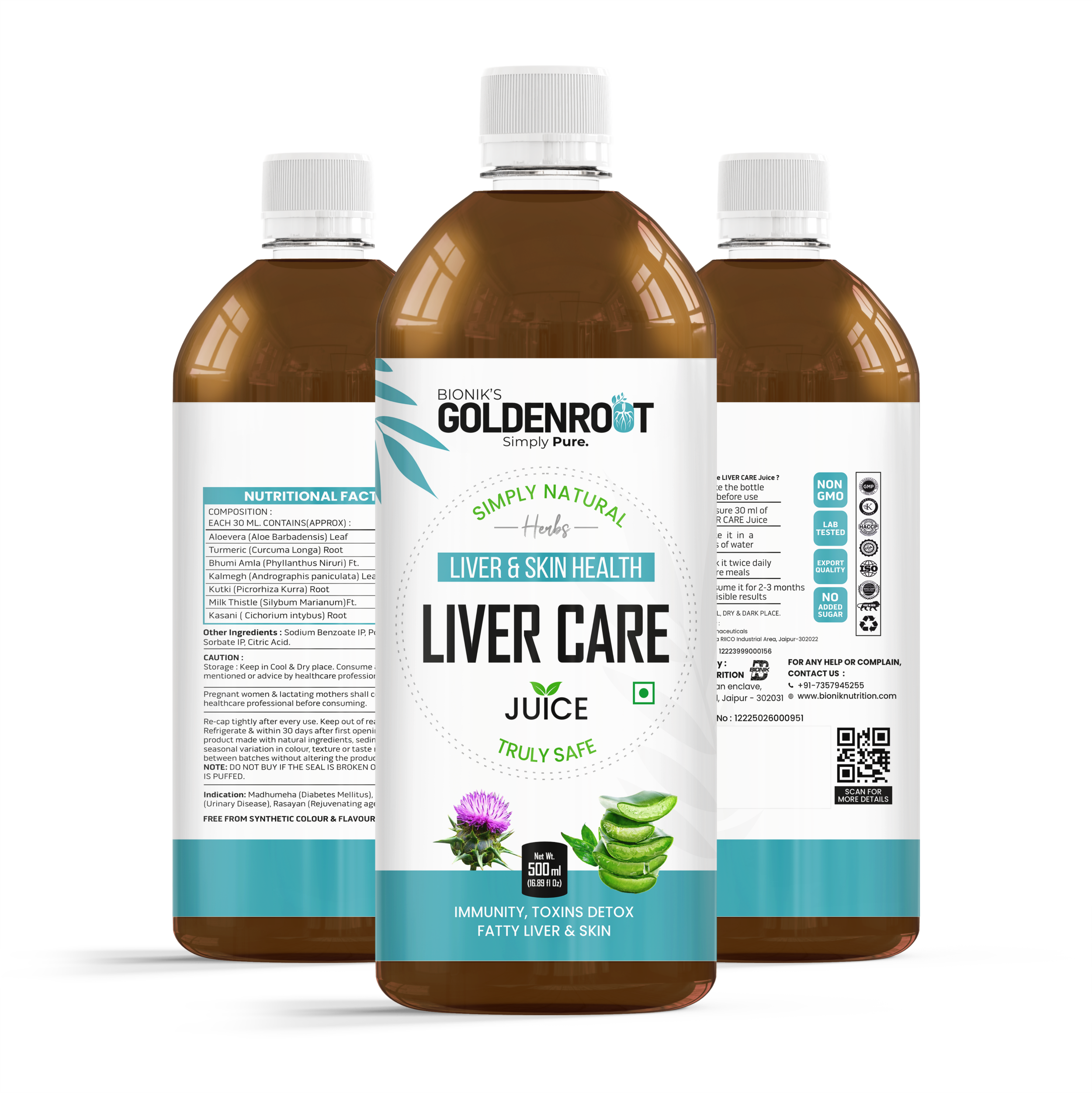 Bionik GoldenRoot Liver Care Juice | Ayurvedic Liver Detox & Fatty Liver Support | With Aloe Vera, Milk Thistle, Turmeric, Bhumi Amla, Kalmegh & Herbs | Improves Digestion, Skin & Immunity