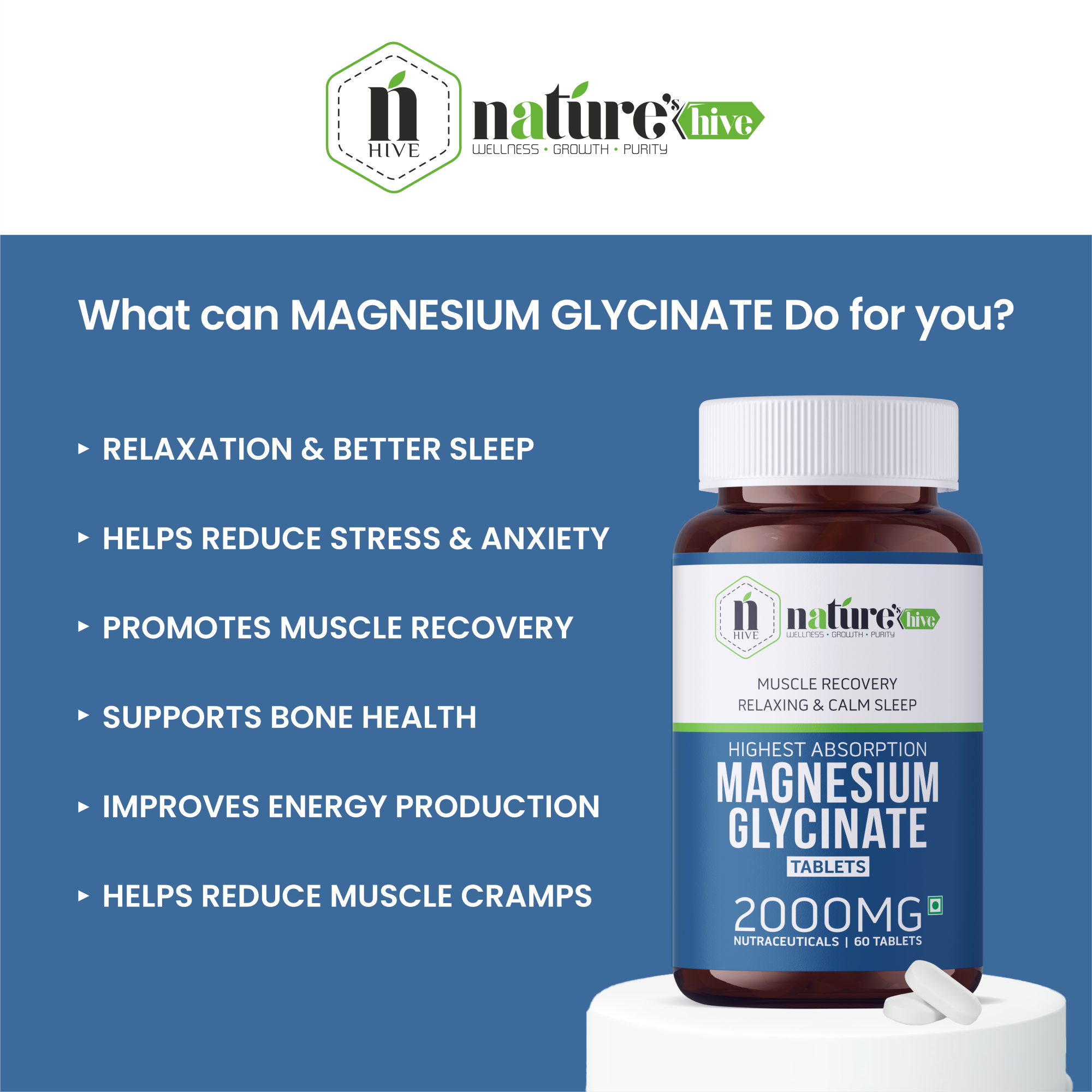 Nature's Hive Magnesium Tablets | Sleep Support, Muscle Recovery & Stress Relief | Magnesium Glycinate Formula | 60 Tablets