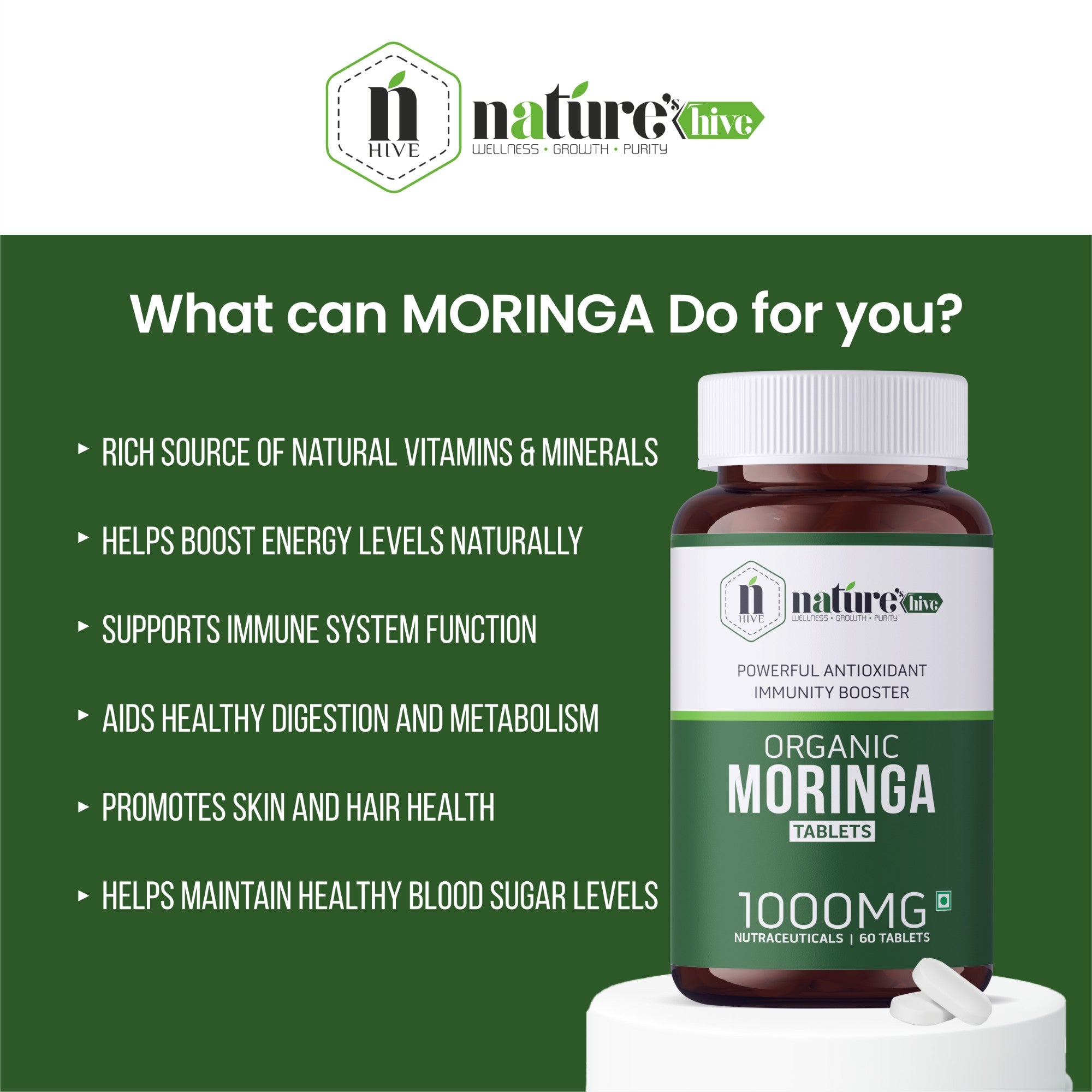Nature's Hive Moringa Tablets | Superfood Energy, Immunity & Nutrition Support | Moringa Leaf Extract | 60 Tablets