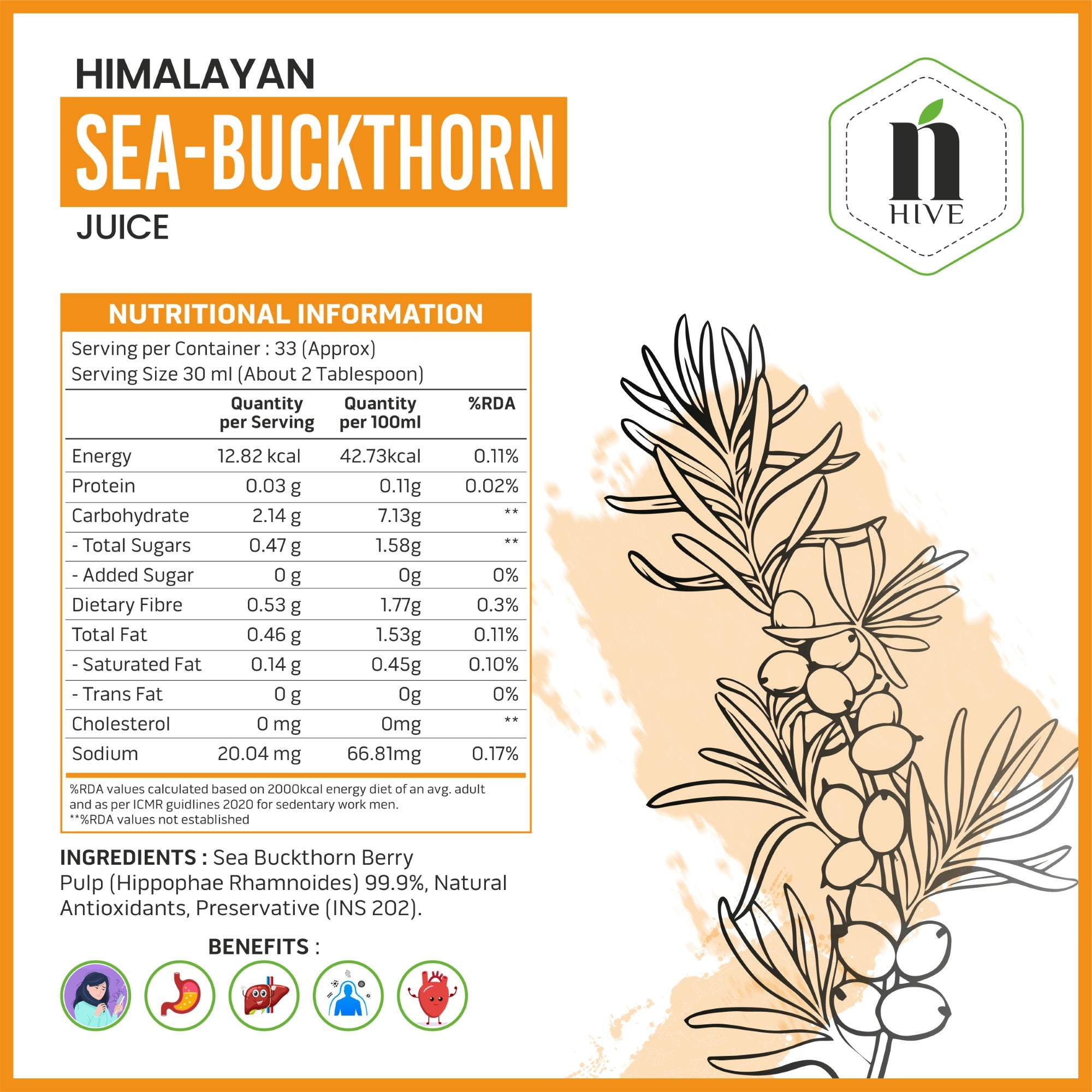 Nature's Hive Seabuckthorn Juice | Omega 3 6 7 9 Rich Immunity Booster | Antioxidant Himalayan Berry Juice | 1 L
