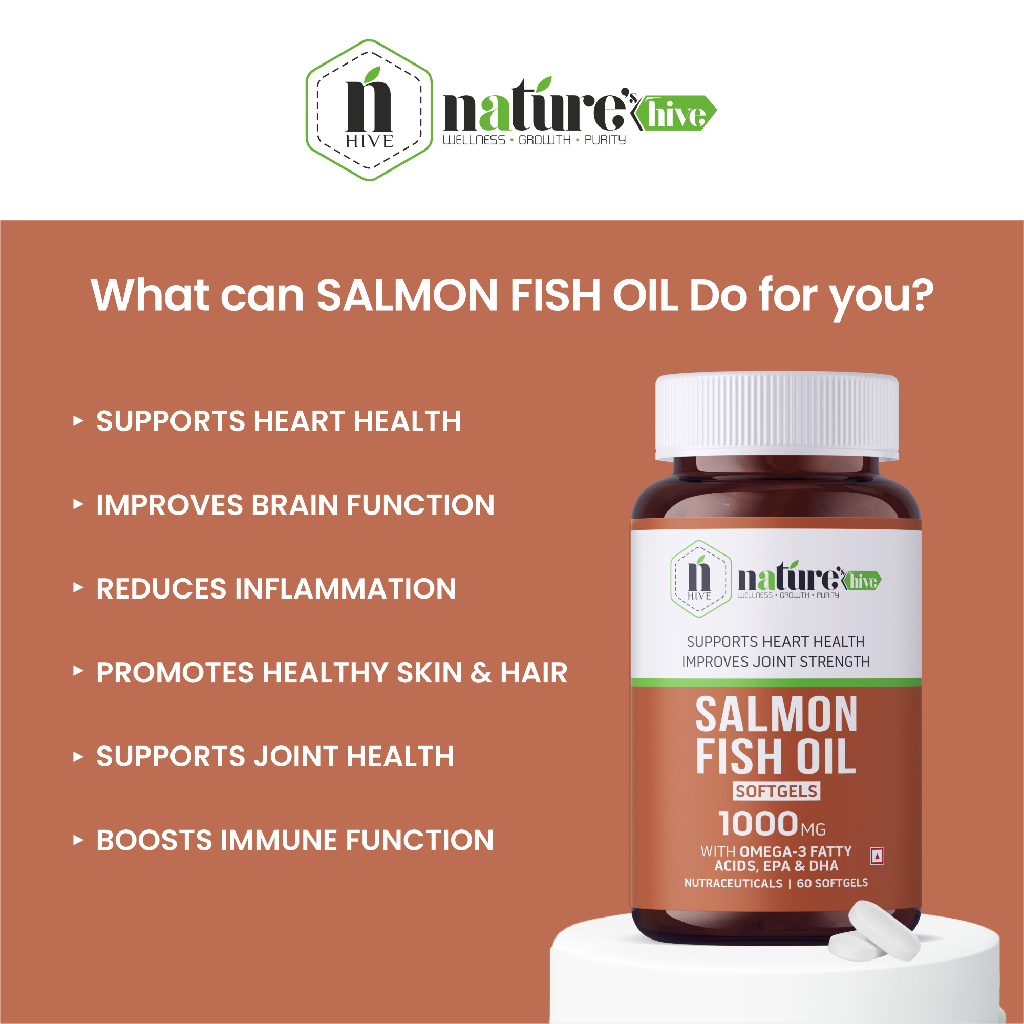 Nature's Hive Salmon Fish Oil Omega 3 Capsules | Heart, Brain & Joint Health Support | High Purity Fish Oil | 60 Capsules