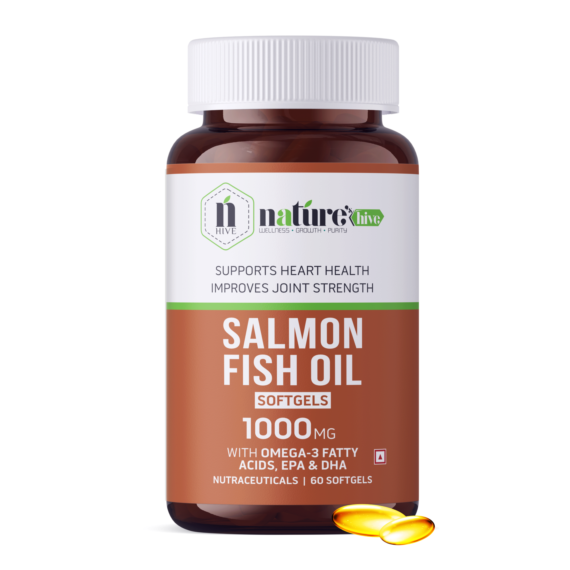 Nature's Hive Salmon Fish Oil Omega 3 Capsules | Heart, Brain & Joint Health Support | High Purity Fish Oil | 60 Capsules