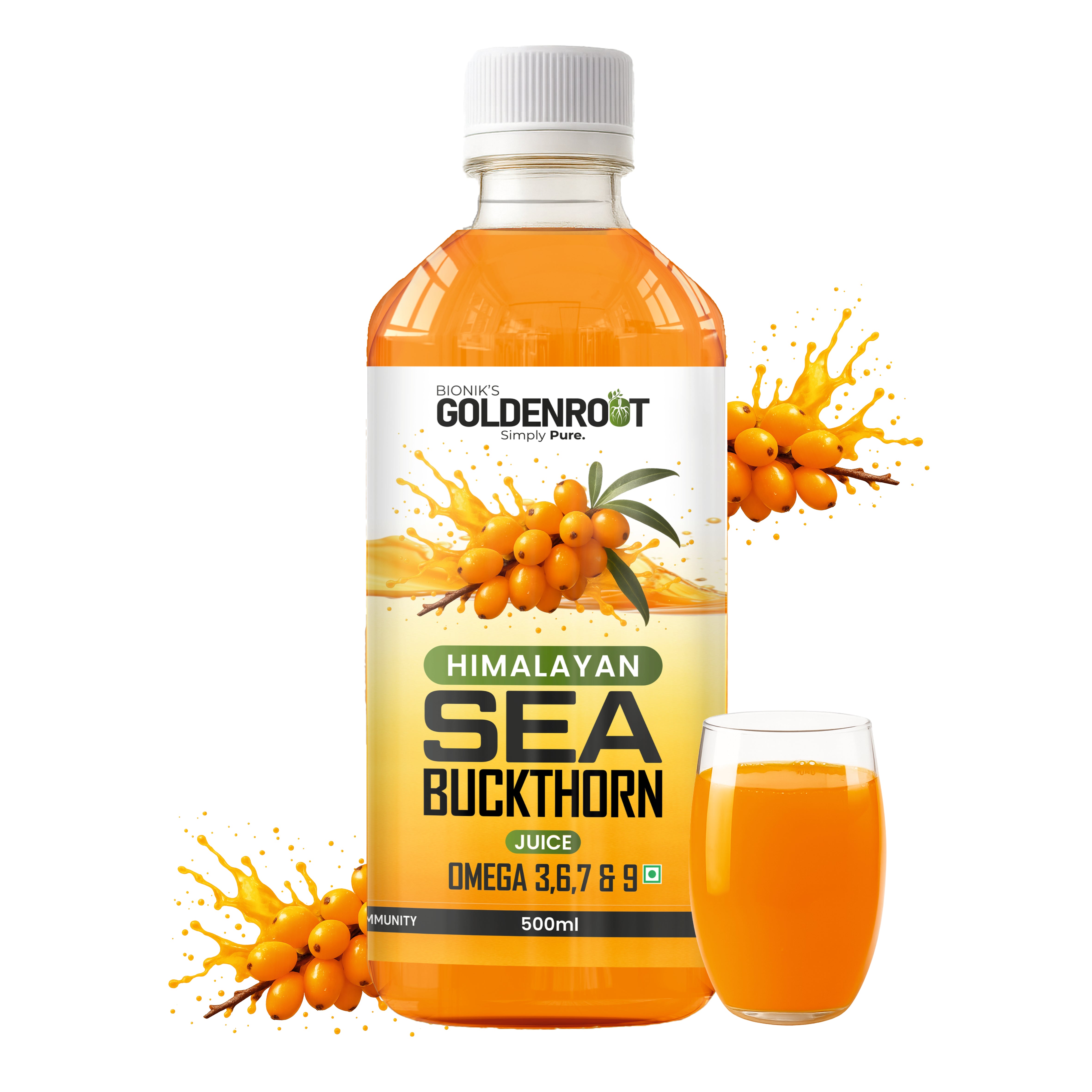 Goldenroot Himalayan Sea Buckthorn Juice | Rich in Omega 3, 6, 7 & 9 | 500ml | Immunity, Skin, Heart & Gut Health Support