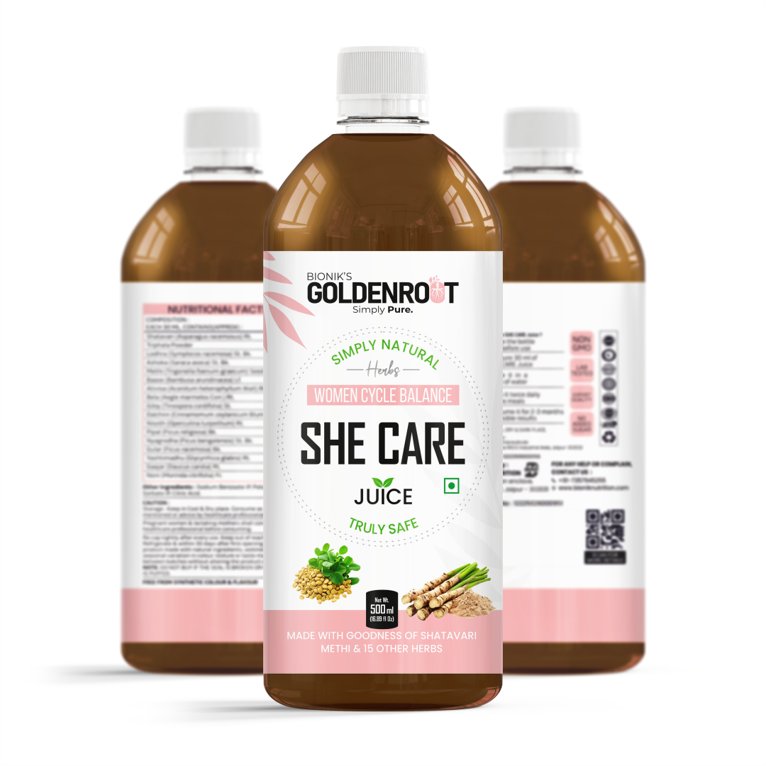 Bionik GoldenRoot She Care Juice for Women | Cycle Balance & Hormonal Health | With Shatavari, Ashoka, Triphala, Giloy & 17 Ayurvedic Herbs | Supports PCOS, Irregular Periods