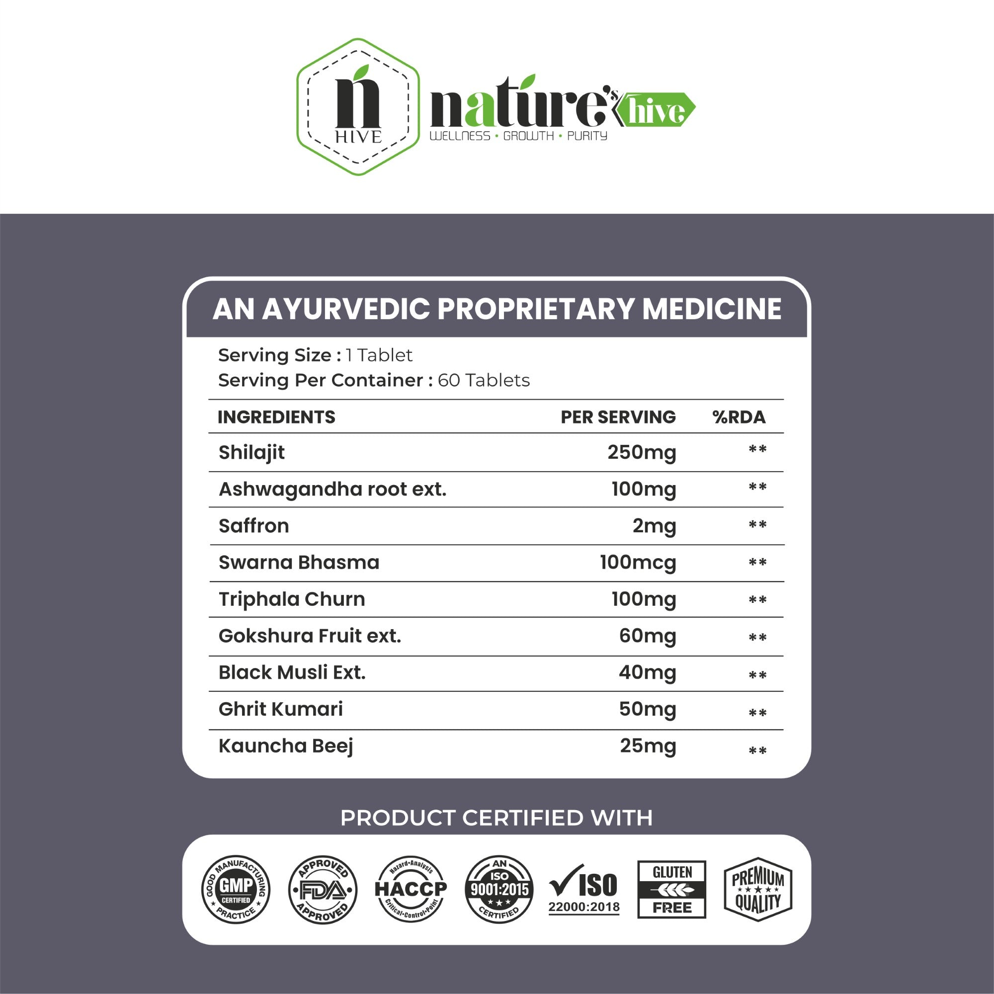 Nature's Hive Shilajit Gold Tablets | Strength, Stamina & Vitality Support | Shilajit with Herbal Extracts | 60 Tablets