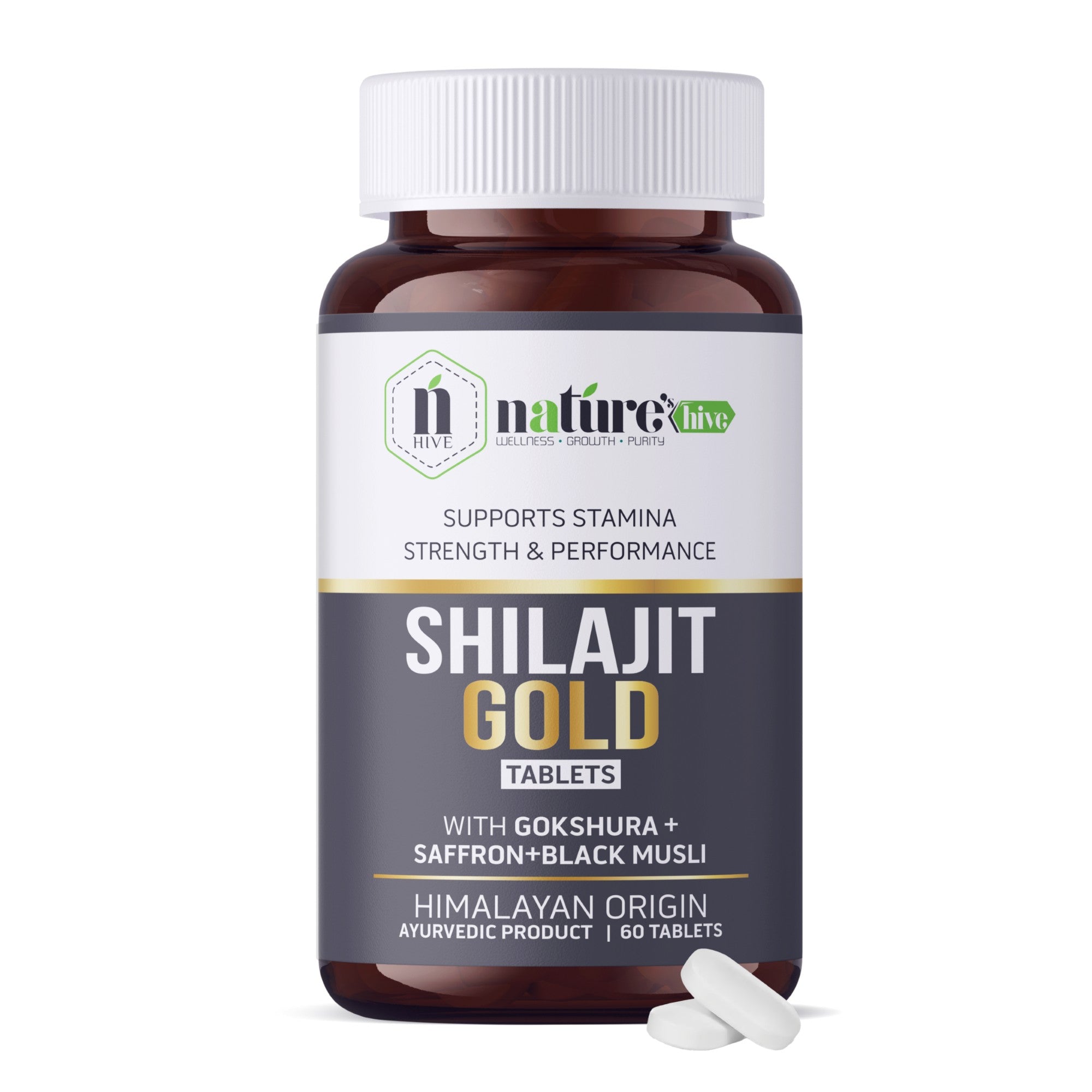 Nature's Hive Shilajit Gold Tablets | Strength, Stamina & Vitality Support | Shilajit with Herbal Extracts | 60 Tablets