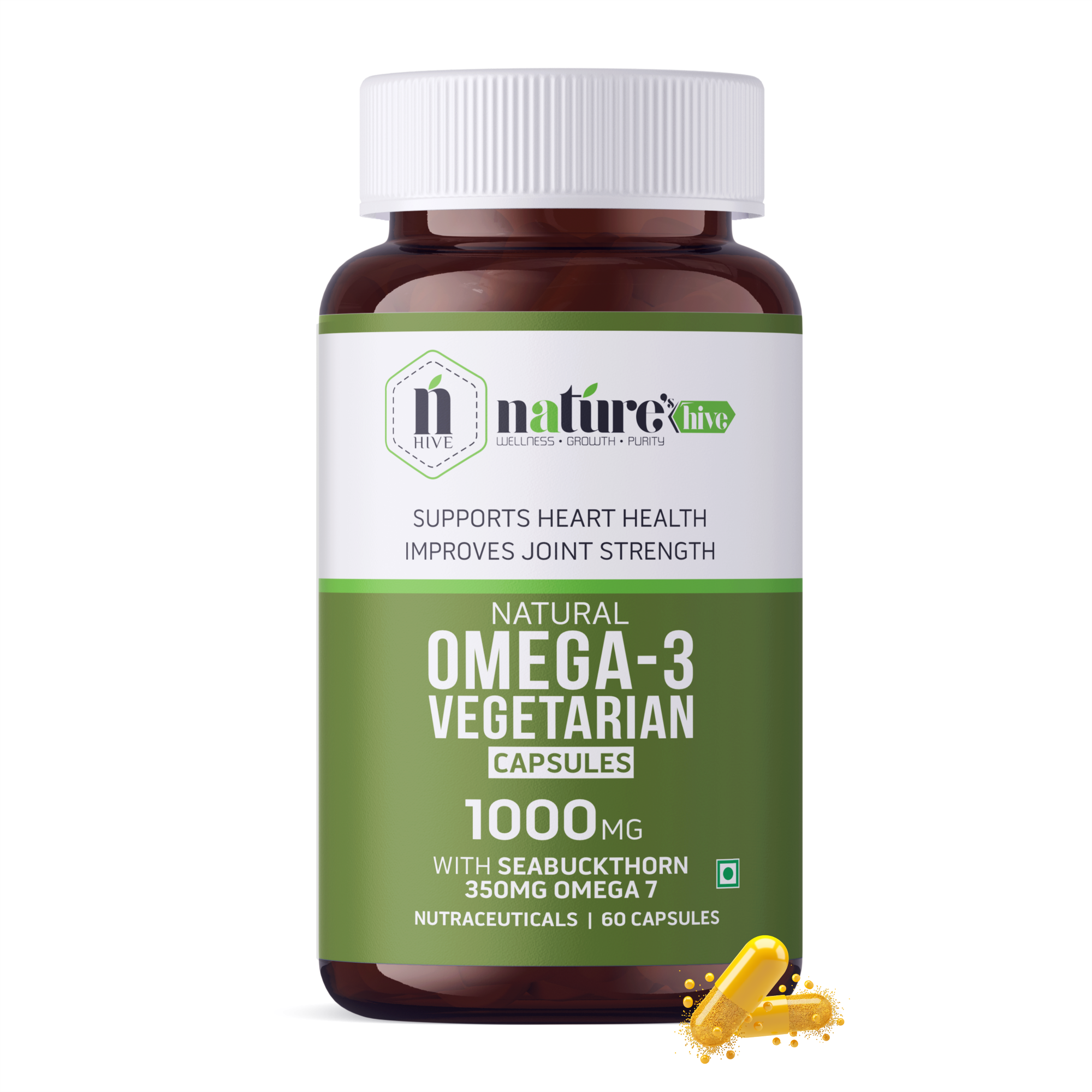Nature's Hive Veg Omega 3 Capsules | Plant Based Omega Fatty Acids | Heart & Brain Health Support | 60 Capsules