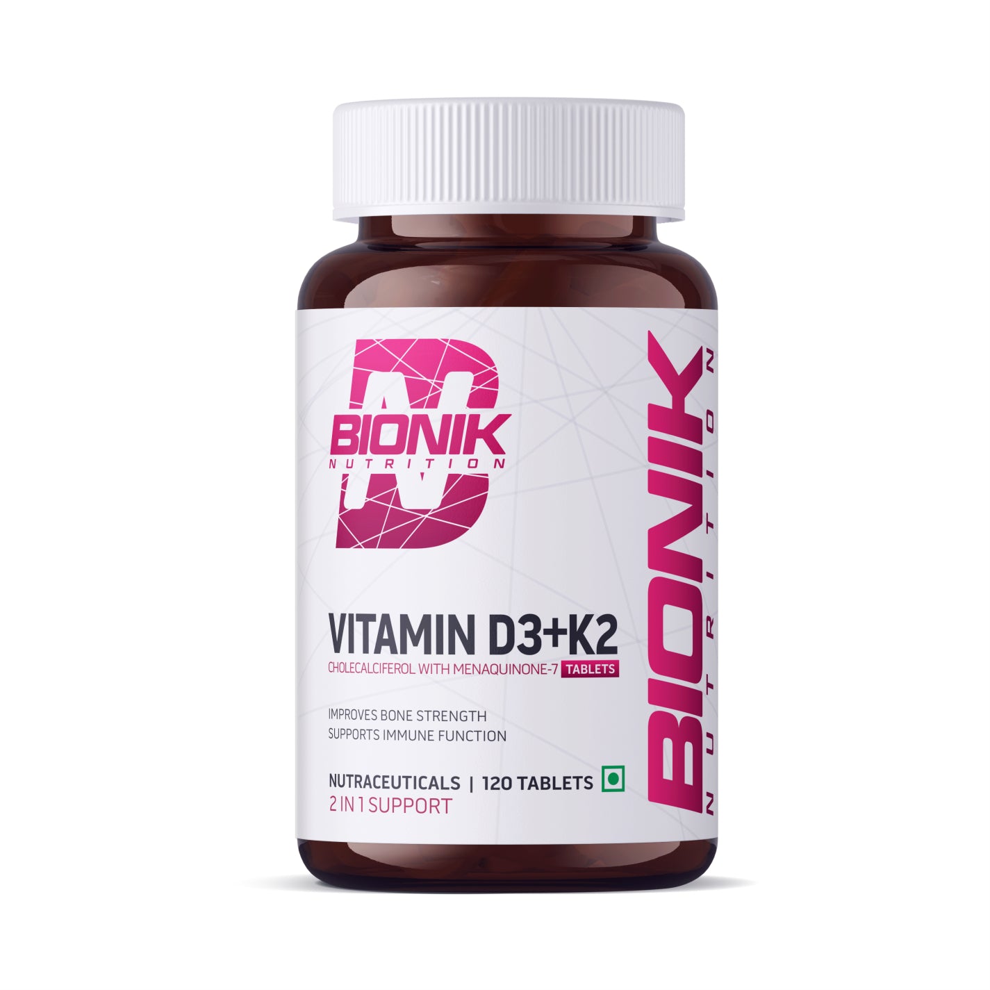 BIONIK NUTRITION Vitamin D3 + K2 MK7 Tablets (600 IU D3 from Lichen & 55 mcg K2) | Bone Strength, Calcium Absorption & Immune Support | Heart & Bone Health Supplement | 120 Tablets