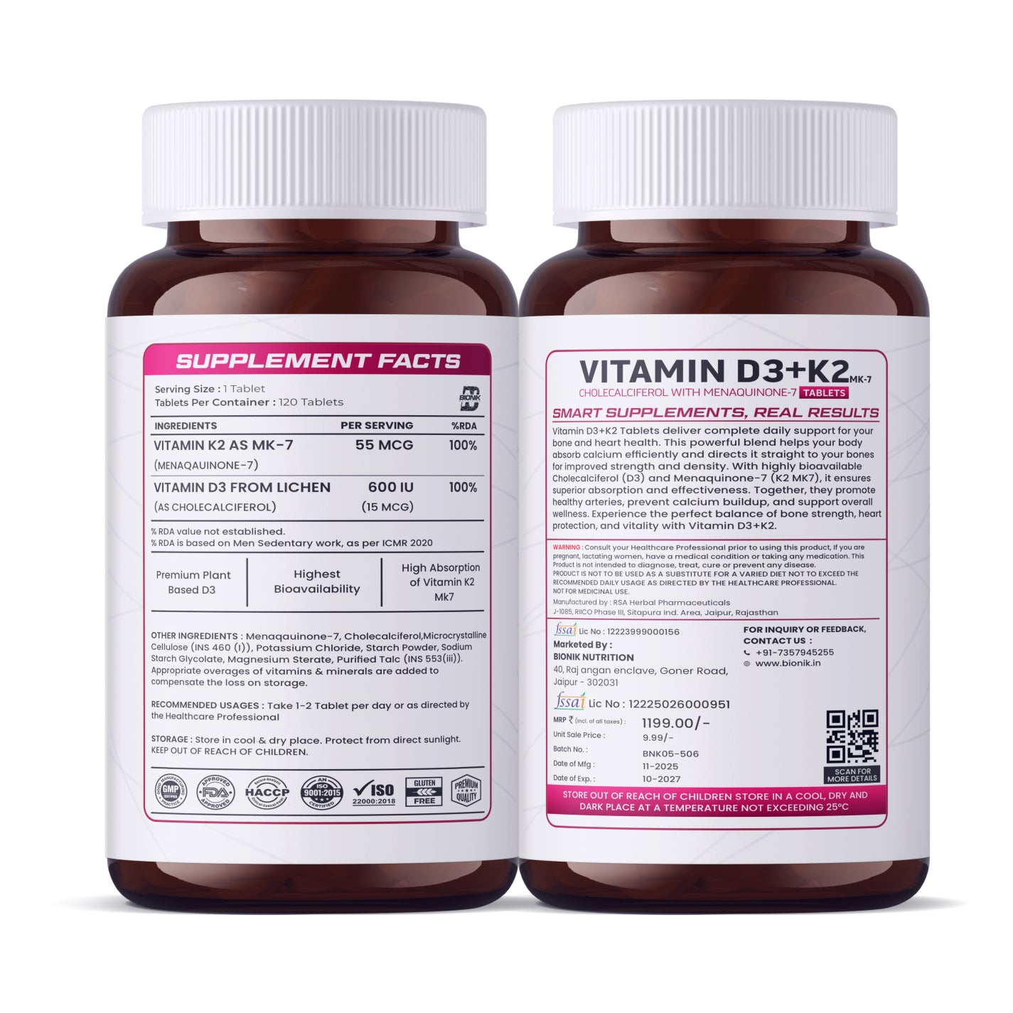 BIONIK NUTRITION Vitamin D3 + K2 MK7 Tablets (600 IU D3 from Lichen & 55 mcg K2) | Bone Strength, Calcium Absorption & Immune Support | Heart & Bone Health Supplement | 120 Tablets