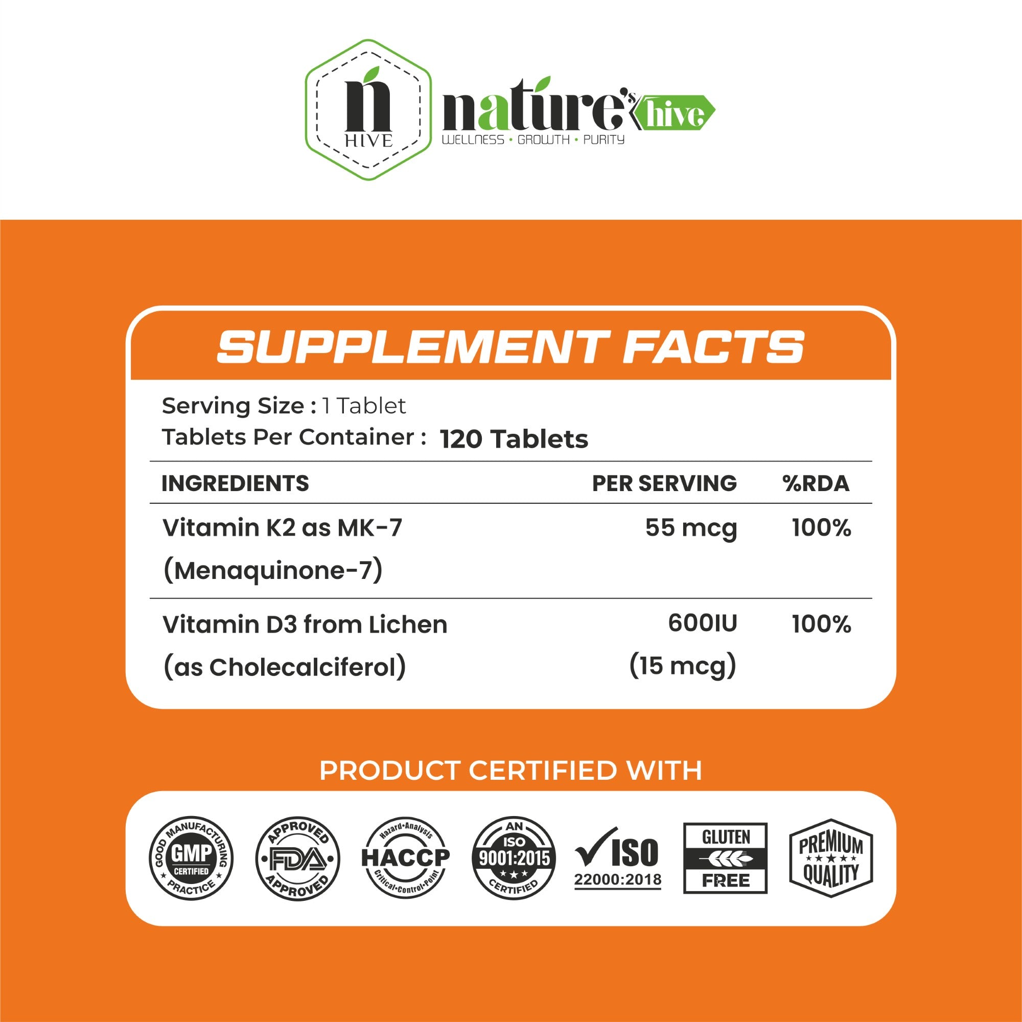 Nature's Hive Vitamin D3 + K2 Tablets | Bone Strength, Calcium Absorption & Immunity Support | 1000 IU Vitamin D3 | 60 Tablets