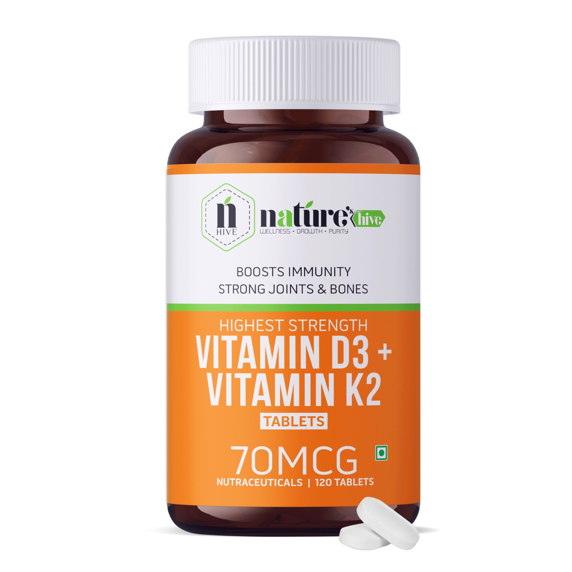 Nature's Hive Vitamin D3 + K2 Tablets | Bone Strength, Calcium Absorption & Immunity Support | 1000 IU Vitamin D3 | 60 Tablets