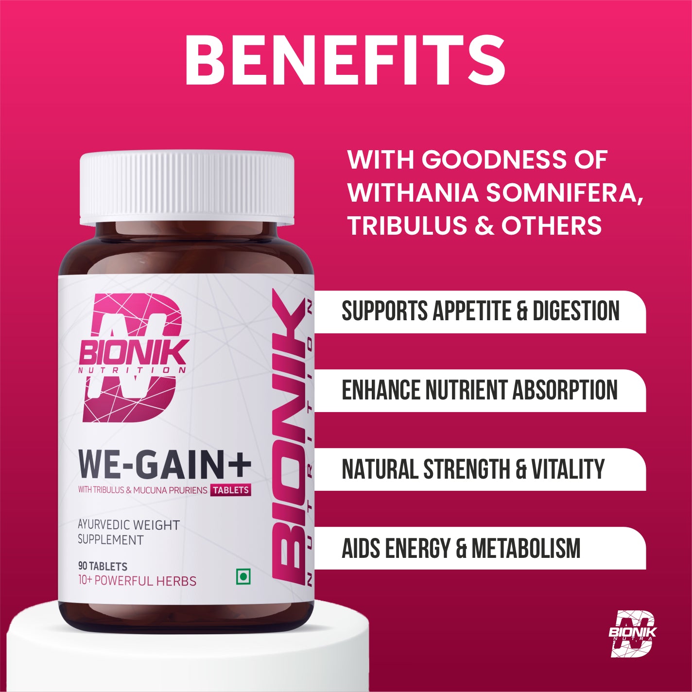 BIONIK NUTRITION WE-GAIN+ Ayurvedic Weight Gain Tablets with Ashwagandha, Tribulus & Mucuna Pruriens | Muscle Mass & Strength Support | Natural Herbal Formula | 10+ Ayurvedic Herbs | 90 Tablets